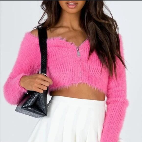 The Ragged Priest Bubblegum Pink Cropped Eyelash Knit Zip Front Sweater Small - Picture 3 of 6